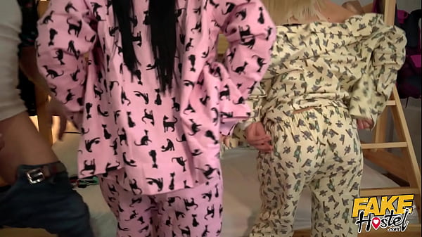 Fake Hostel - Two Young-babes Have A Party In Their Sweet Pyjamas Before Spraying In 3some