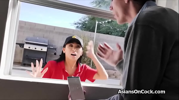 Asian Delivery Madam Stuffed By Two Lustful Dudes