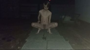 Risky Solo Play Outdoor At Night Pissing Seed On Piss