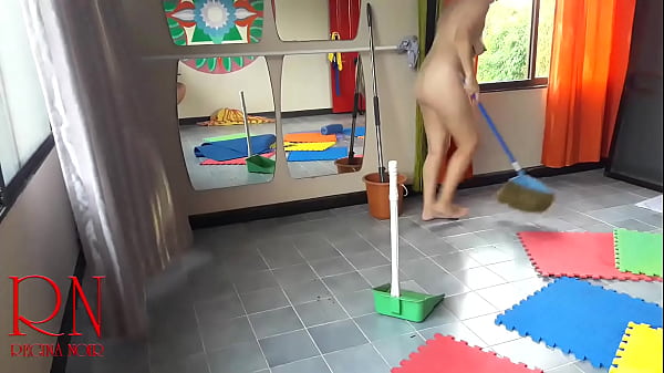 Nudist Housekeeper Cleans The Yoga Room. A Nude Cleaner Cleans Mirrors, Sweeps And Mops The Floor. CAM 1