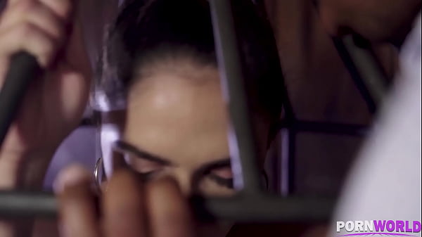 Caged Latina In Strap Latex Costume Marta La Croft Swallows Monster BBC In The Basement