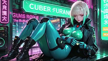 AI-generated- Cyber Agent's Private Night! The Light-haired Vixen In Her Neon Tactical Suit Lounges Seductively Inside The High-tech Command Center.