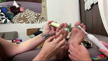 TICKLISH CHICKS - Lesbian Dommes Fae And Friend Tickle Taunt Muffy In Rope Play Purrito