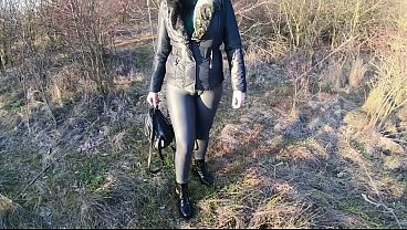 Public Risk In Tense Leather – Cameltoe, Oral & Cum On My Downjacket Twice