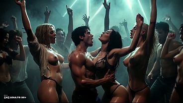 [AI-generated] Future Rave Sultry Party: Undressed Studded DJ Squeezing Her Boobs, Hot Ravers Snogging Fiercely In Abandoned Factory