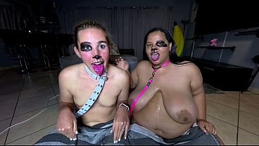 Interracial Oversized And Little Breasts Collar And Leash Bitches Huffing And Drooling