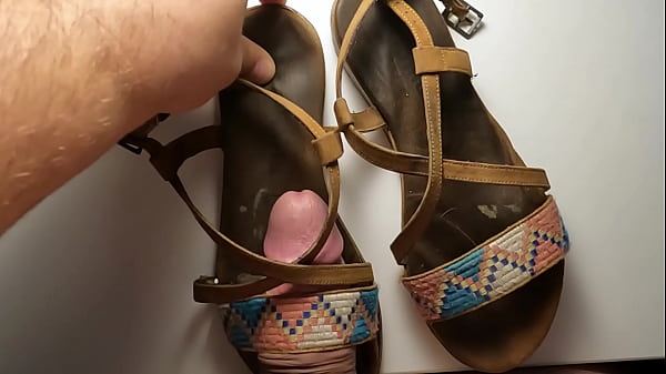 Dude Masturbating And Finishing On Old Sleazy Smelly Leather Sandals With Mega Slow Motion Load Shot