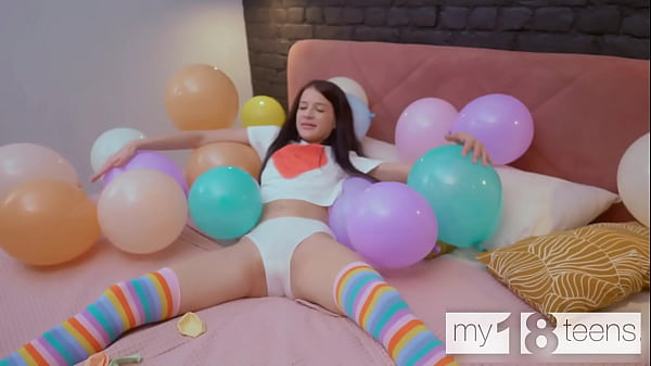 MY18TEENS - Thin Honey With Tiny Boobs Blows Up Balloons And Stuffs Herself With A Dildo