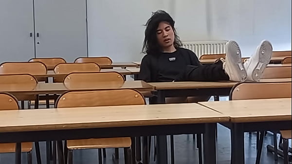 Frisky At School During Course Revision, This French-Asian Student Takes Out His Shaft In Public, Strokes Off In A Risky University Classroom