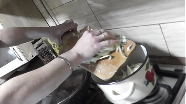 Stripped Cooking. Seductive Mommy Frina In Peignoir Without Panties And Bra Cooks Ukrainian Borscht In Kitchen. Cougar Honeypot, Booty, Natural Breasts