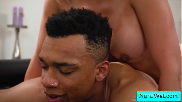 Blondie Sultry Busty Masseuse Massage Her Soaked Figure Draped In Nuru Gel Against Her Black Client - Caitlin Bell, Lawson Jones