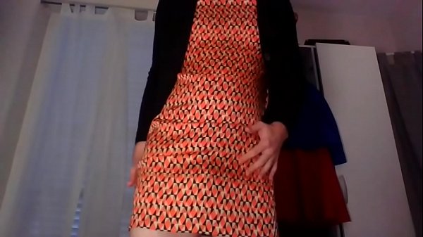 Fresh Homemade Cross Dresser Taunting And Touching In Charming Orange Dress And Sexy Black Blazer After An Intense Day At The Office