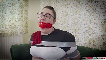 BBW Neighbor Girl Lacey Tied And Wrapgagged In Sweater While Wearing Pantyhose In Tape Tie-up