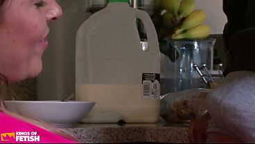 White Fair-haired Gets Snatch Eaten And Drilled By Her Black Lover In The Kitchen