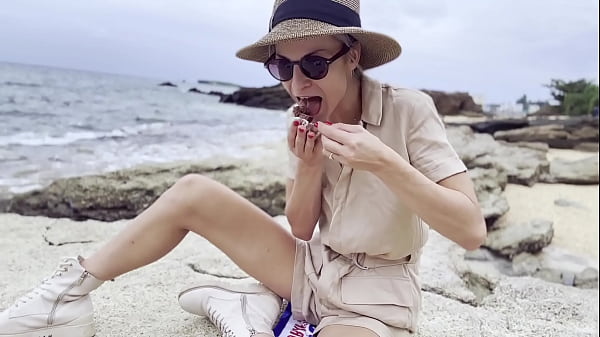 Eating Choco Cake On Diamond Blue Beach SFW