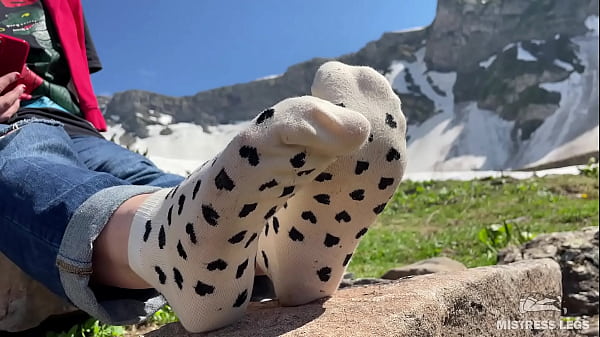 Sole Playful Tease In White Socks And Barefoot On The Top Of The Mountain
