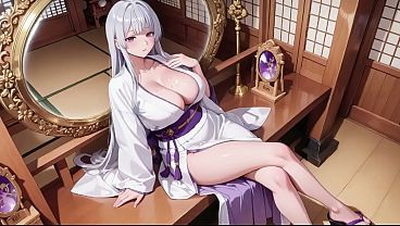 Ai- Silver-Haired Miko Shrine Secrets! Half-unbuttoned White Kimono, Kneeling Poses And Relentless Eye Contact.