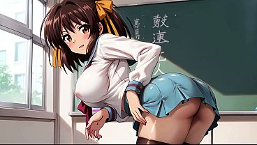 Haruhi Suzumiya (The Melancholy Of Haruhi Suzumiya) 4on1 Mass Fucking With Double Stuffing In A School Classroom - AI Generation Ass Play