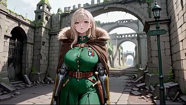Blonde Knight's Afternoon! Green Uniform Golden Mechanical Arms, Lazily Contemplating In Ancient Stone Wrecks.