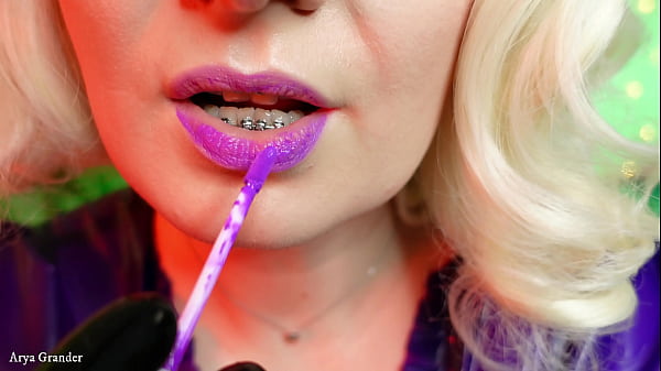 ASMR Purple Lipstick Process Video - Slowly Close Up Of Make Up - Tempting Lips With Steel Braces