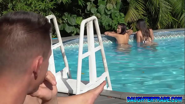 Stepdaughters Having Some Mischievous Time By The Pool With Their Stepdads