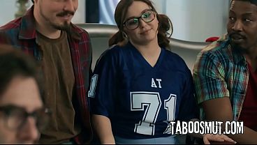 Brown-haired Stepkid Gobbles Off Stepdad's Two Best Friends While He Watches The Game