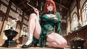 AI- Red Hair & Emerald Qipao! Lazy Seduction In The Eastern Courtyard. Kneeling, Reclining, High Slits And Open Backs Under Dappled Light. Private Tension And A Slow-burn Finish