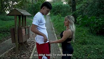 Light-haired Milking A Stranger's Pole In The Middle Of An Outdoor Park