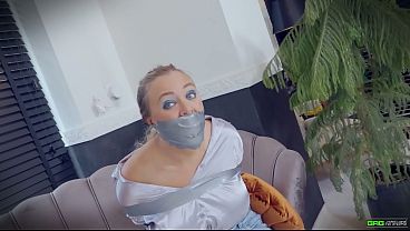 Beth - Receptionist Wearing Satin Blouse And Jeans Restrained And Tape Gulped In Tape Rope Play