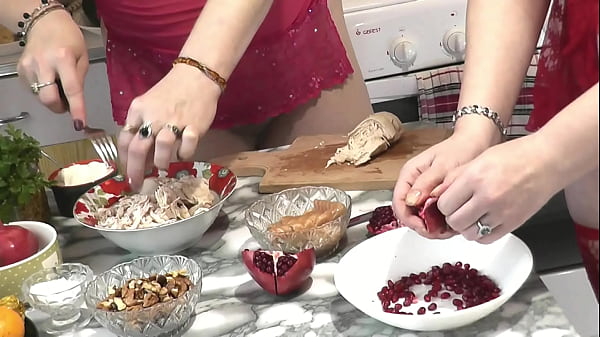 Two Ladies Adult Experienced MILF And Teenage Sweet Babe Without Panties In Transparent Peignoir And Stockings Kiss In Kitchen And Prepare Dinner For New Year. Old And Fresh