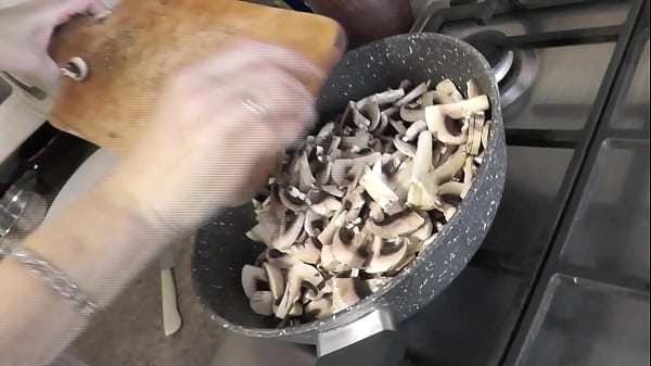 In Transparent Peignoir Without Panties And Bra, Undressed Mature Frina Continues To Cook Naked In Kitchen. Today On Menu Is Salad Of Chicken Breast And Champignons.