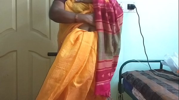 Desi Indian Hot Tamil Telugu Kannada Malayalam Hindi Betraying Spouse Vanitha Wearing Orange Colour Saree Presenting Giant Knockers And Smooth Snatch Press Vigorous Boobs Press