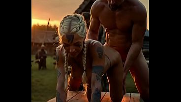 AI Generated Viking Golden-haired Has Sex With Muscular Dude On Table At Sunset