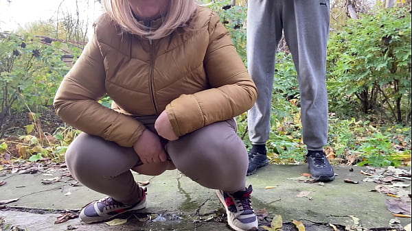 Depraved Shapely HOTWIFE In Leggings Squats Down And Pisses Next To Me