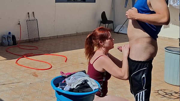 Copper-haired Slammed In The Backyard While Hanging Clothes On The Clothesline