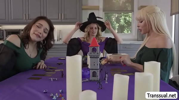 Coco Lovelock Slurps Two Shemale Wizard Under Table