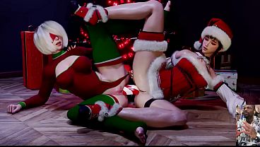 Firm Bald Snatch Eve And 2B Double Dildo Butt Sex Plowing, Surprise Christmas Spraying Nympho As A Present