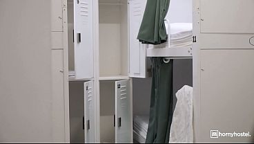 Short-Haired Raven-haired Gets Bent Over The Bunk Bed And Screwed Doggy By Her Muscular Hostel Dormmate