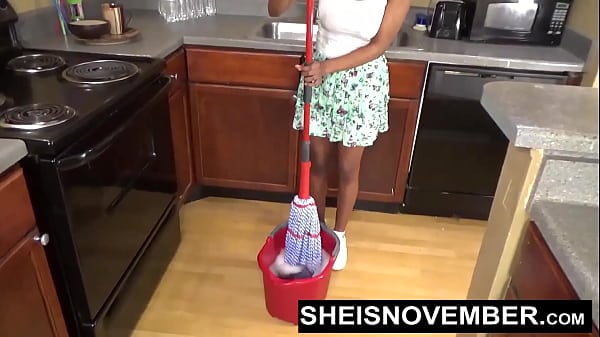 HD Sweaty Plump Rear And Gigantic Natural Boobs Exposed In My White Poka Dot Panties While Mopping Up The Kitchen Topless With Upskirt, Sexy New Top-heavy Light-haired Black Geek