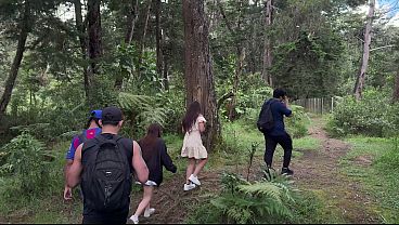 Threesome In The Woods With Two Gorgeous Gals .