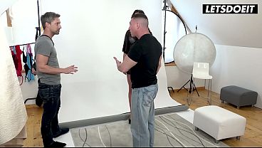 Lean Dark-haired In Lingerie Poses For MMF Photoshoot... Both Men Can't Keep Their Hands Off Her