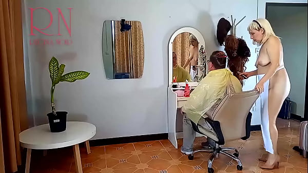 Nudist Barbershop. Stripped Lady Hairdresser In An Apron. Security Camera. The Client Is Surprised. Cam 12 183