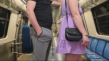 She Has No Shame To Touch His Erection On Crowded Subway. Newcomer Bloke Plugged Her Panties With LOAD On Last Wagon Of Metro