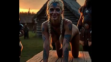Decorated Viking Blonde With Braids On All Fours For Muscular Warrior At Sunset