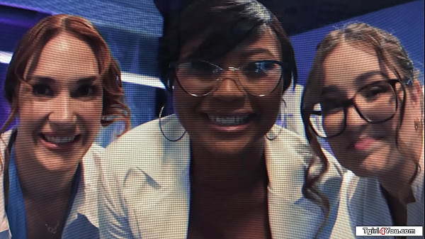 Three Shemale Sexdolls Lap And Smash A Busty Mature Scientist