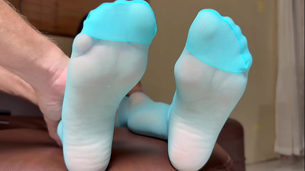 Foot Massage For Asian HOTWIFE In Blue Pantyhose Stockings POV