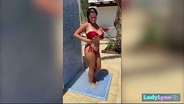 Slippery Brown-haired STEPMOM Woman Lyne Probes Herself Under Outdoor Shower At LadyLyne
