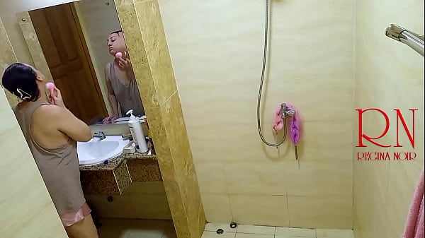 Shower. Peeping Camera. Bare Regina Noir In The Shower Washes And Works With Oil. 1