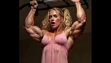 An Exceptionally Muscular Babe Loves To Condition Her Body By Doing Pull Ups On The Bar In Her Bedroom, Wearing A Pink Dressing Gown